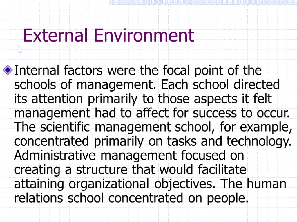 External Environment Internal factors were the focal point of the schools of management. Each